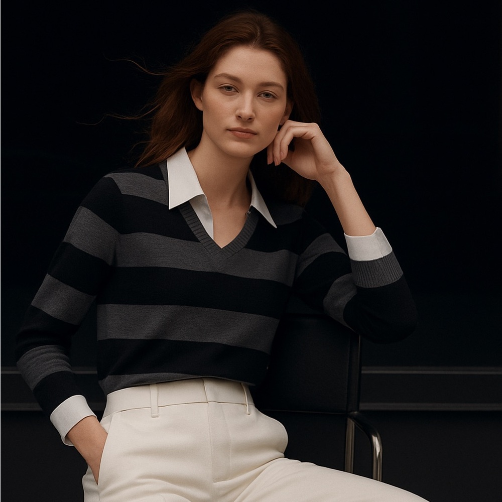 [s] THEORY Sweater shirt wool sheer striped v-neck black grey long sleeve